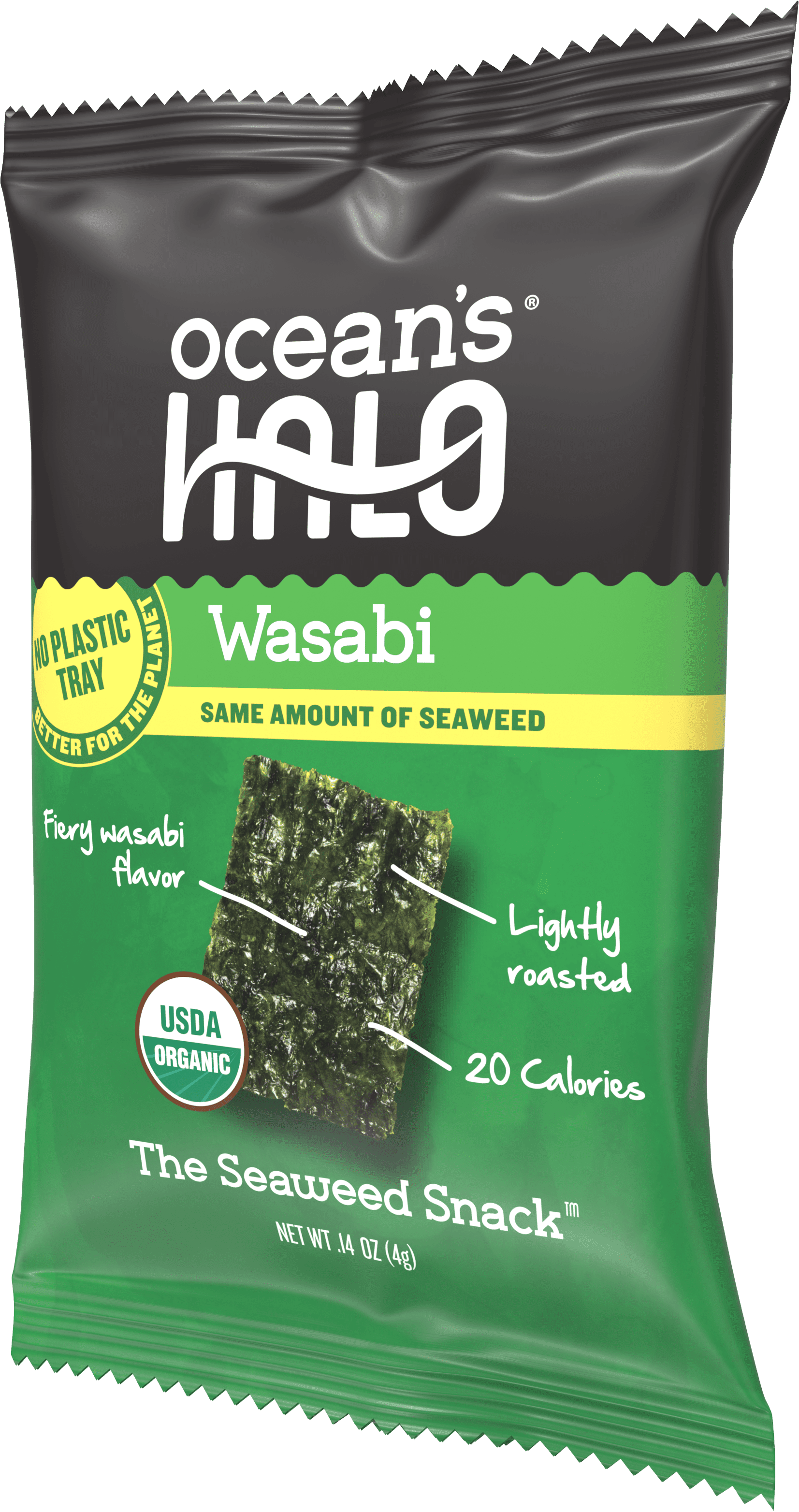 (4 pack) Ocean's Halo, Organic Trayless Seaweed Snack, Wasabi, Vegan, No Plastic Tray, 1pk Nori Sheets, Shelf-Stable, 0.14 oz
