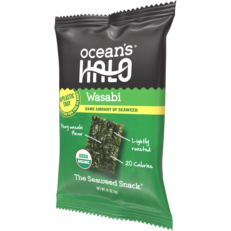Ocean's Halo, Organic Trayless Seaweed Snack, Wasabi, Vegan, No Plastic Tray, 1pk Nori Sheets, Shelf-Stable, 0.14 oz