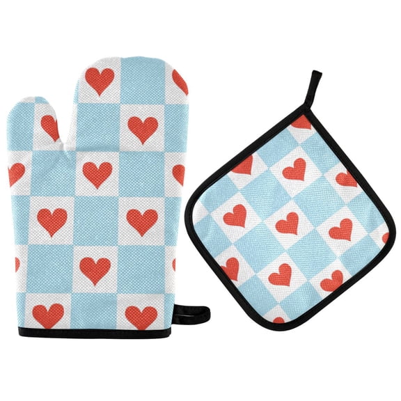 Yayeee Oven Mitts and Pot Holder Set of 2 Heat Resistant Kitchen Gloves Baking Hot Pad, Light Blue Checkered Heart