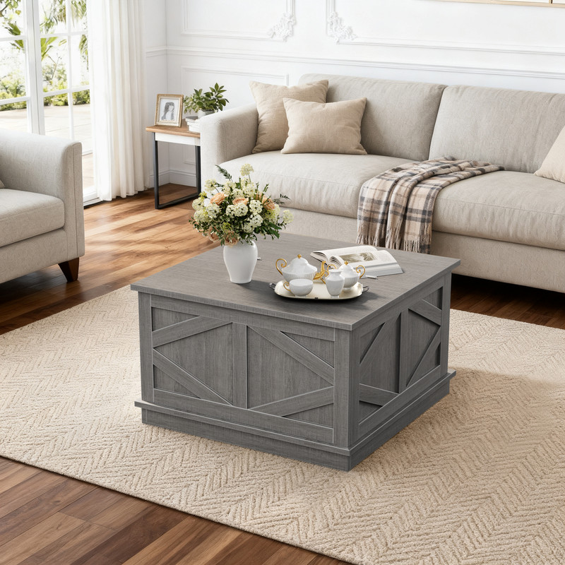 Vineego 31.5 Inch Farmhouse Square Coffee Table with Hinged Lift Top, Hidden Storage Compartment,Gary