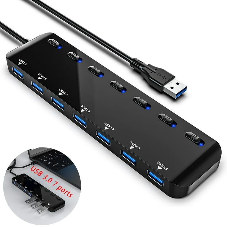 Multi Port USB Splitter, 7-Ports USB 2.0 Hub High Speed ON/Off Individual  Switch with LEDs Compatible for All USB Device (Black-7 Ports)
