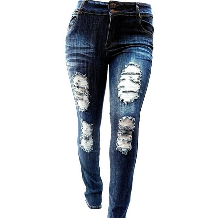 Jack David SLS WOMENS PLUS SIZE Stretch Distressed Ripped BLUE SKINNY DENIM JEANS (Best Jeans For Plus Size Women)
