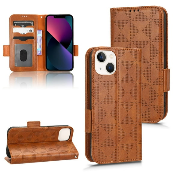 SaniMore Wallet Case for iPhone 15 6.1" 2023, Glitter PU Leather Case Triangle Pattern Card Slots Cash Pocket Kickstand Removeable Wrist Strip All-around Protective Magnetic Cover, Brown