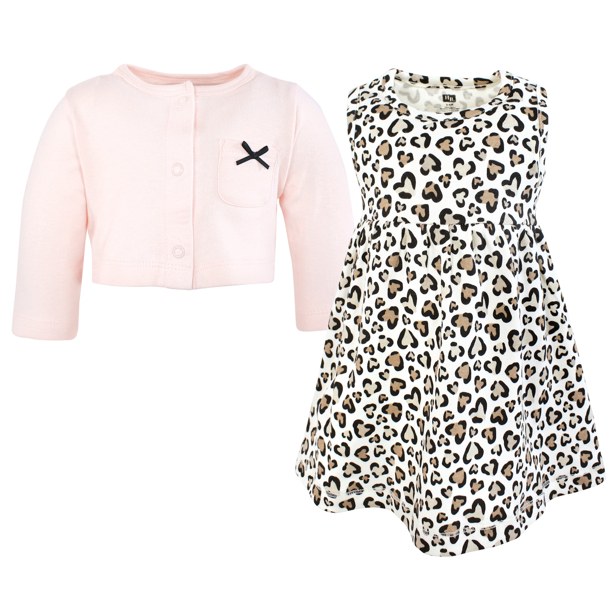 Hudson Baby Infant and Toddler Girls Cotton Dress and Cardigan Set, Leopard Hearts, 12-18 Months