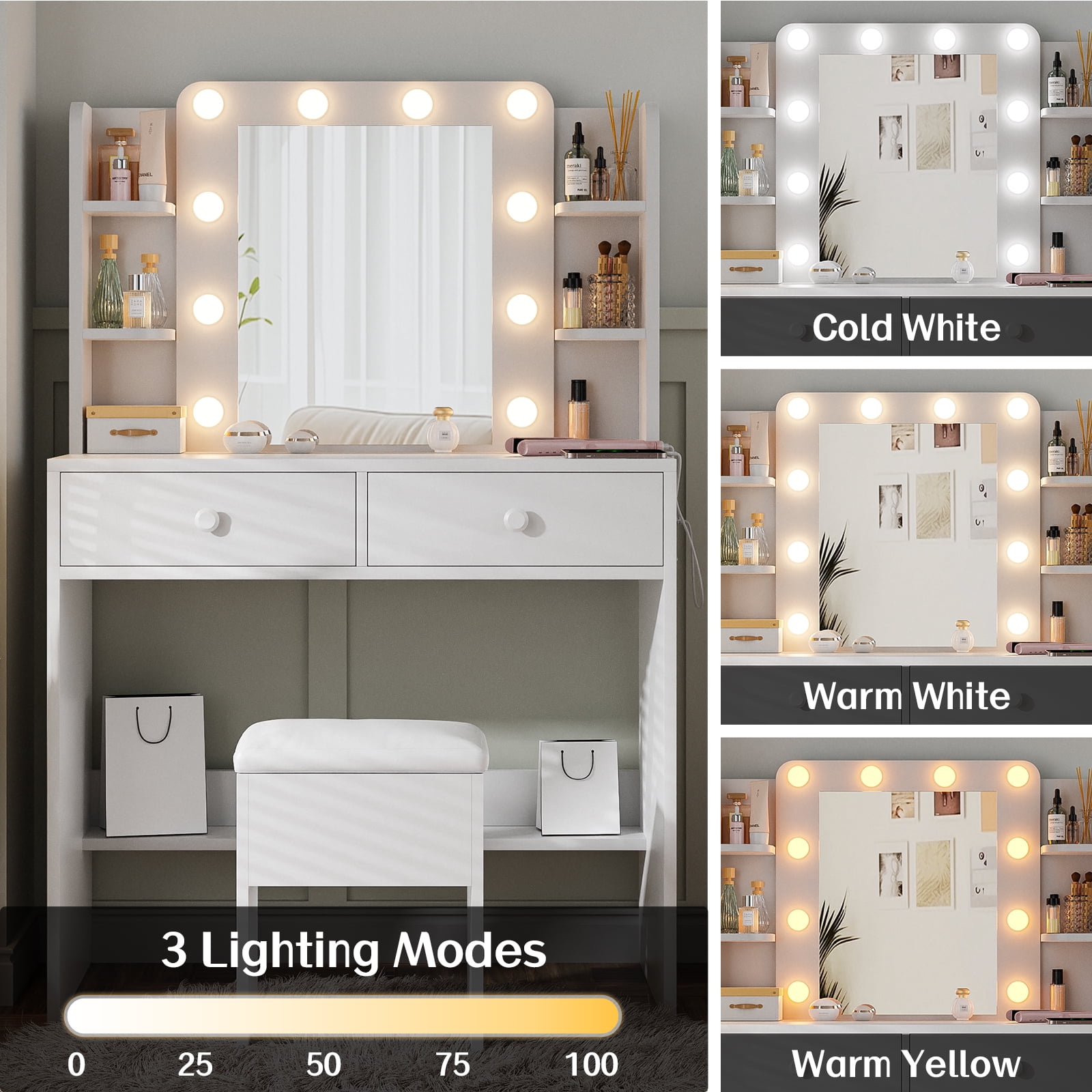 Haewon Vanity Desk with Mirror and LED Light, Power Outlets, Makeup Vanity with Large Capacity Drawers and Cushioned Storage Stool for Bedroom and Corner Space