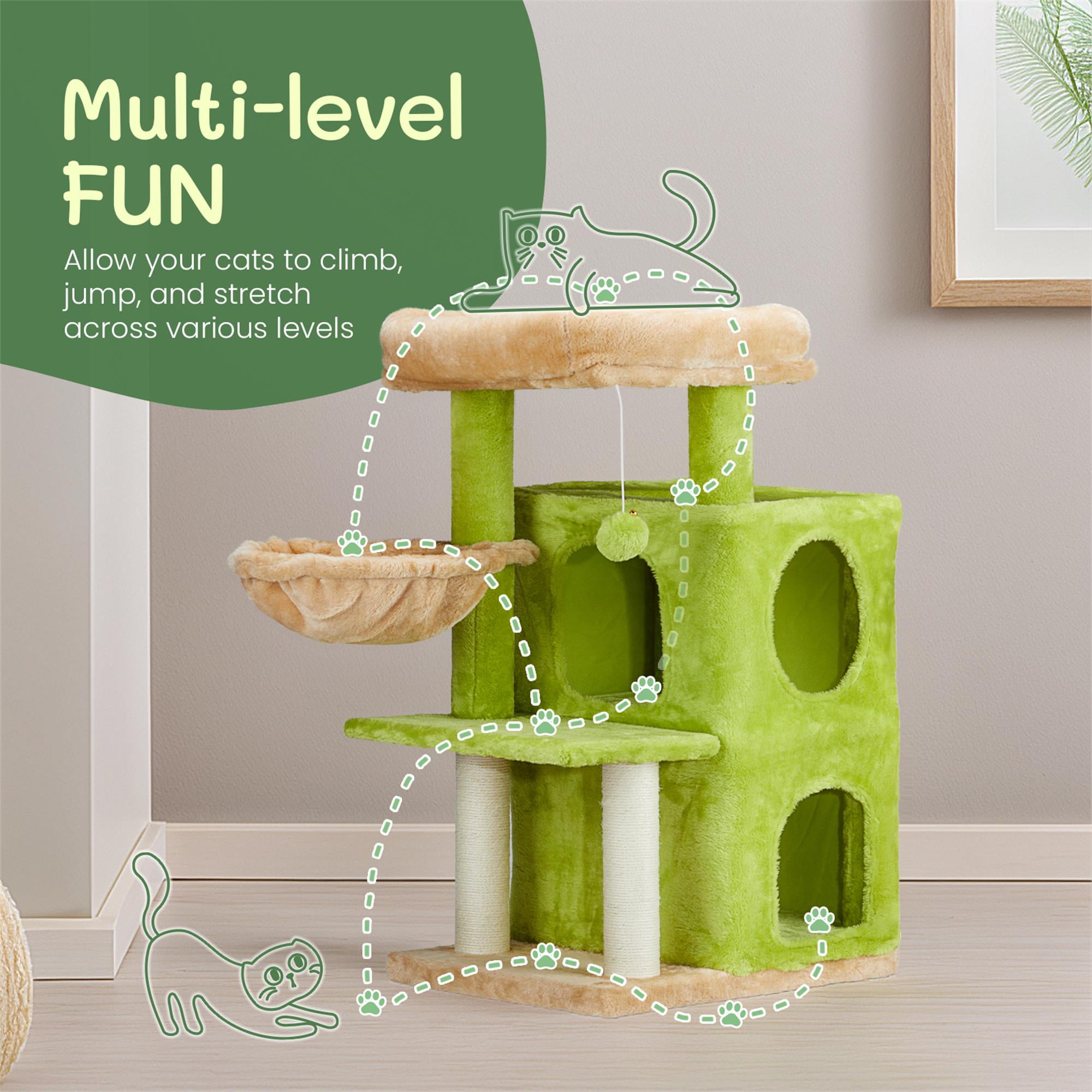 Kadyn 33" Cat Tree Tower for Indoor Cats, Cat Tree House with Large Padded Perch, Hammock, 2-Tiered Condo, Scratching Posts and Dangling Ball, Green