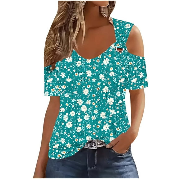 HaoXianJian Womens Trendy Cold Shoulder Short Sleeve T Shirts Floral Print Crisscross Casual Loose Tunic Top Blouse Shirts 2025 Summer Off Shoulder Top