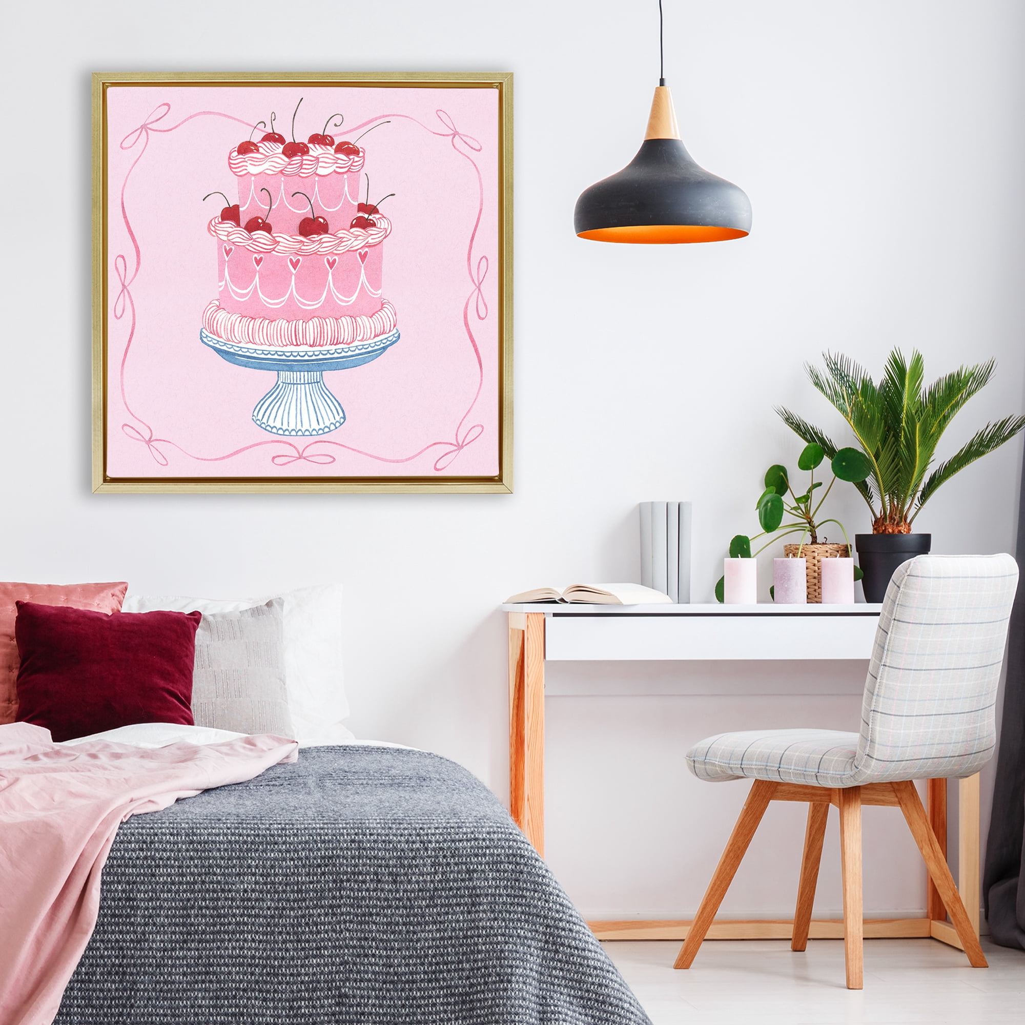 Stupell Industries Romantic Pink Cherry Cake Gold Framed Floater Canvas Wall Art, design by Grace Popp