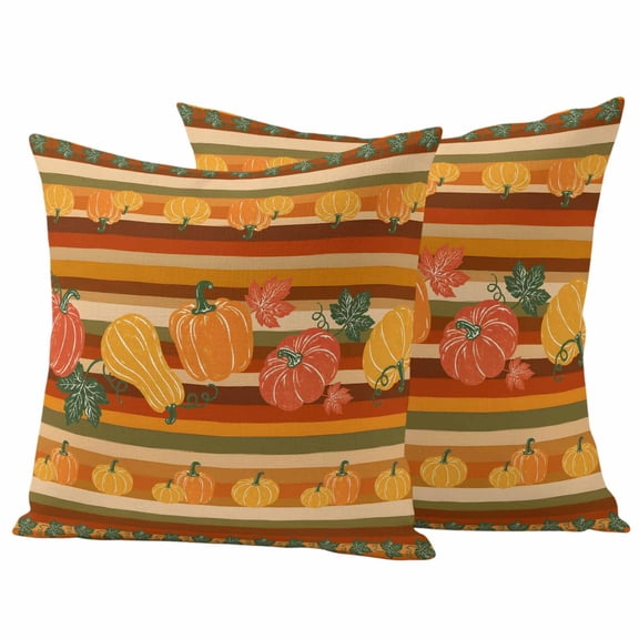 Pumpkins Fall Outdoor Waterproof Pillow Covers, Maple Leaves Orange Striped Thanksgiving Decorative Square Throw Pillowcase Sofa Cushion Sham for Patio/Couch/Chair, 18"x18" 2 Pack
