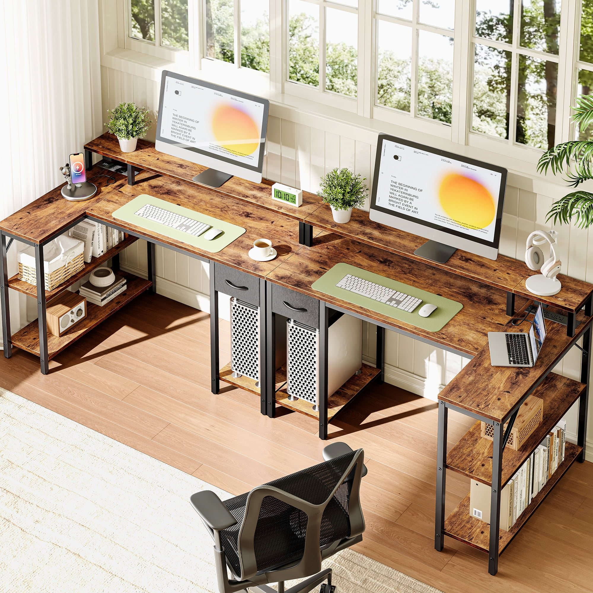 Amadwell 47 Inch L Shaped Desk with LED Strip, Corner Gaming Desk with Power Outlet, Drawer & Shelves