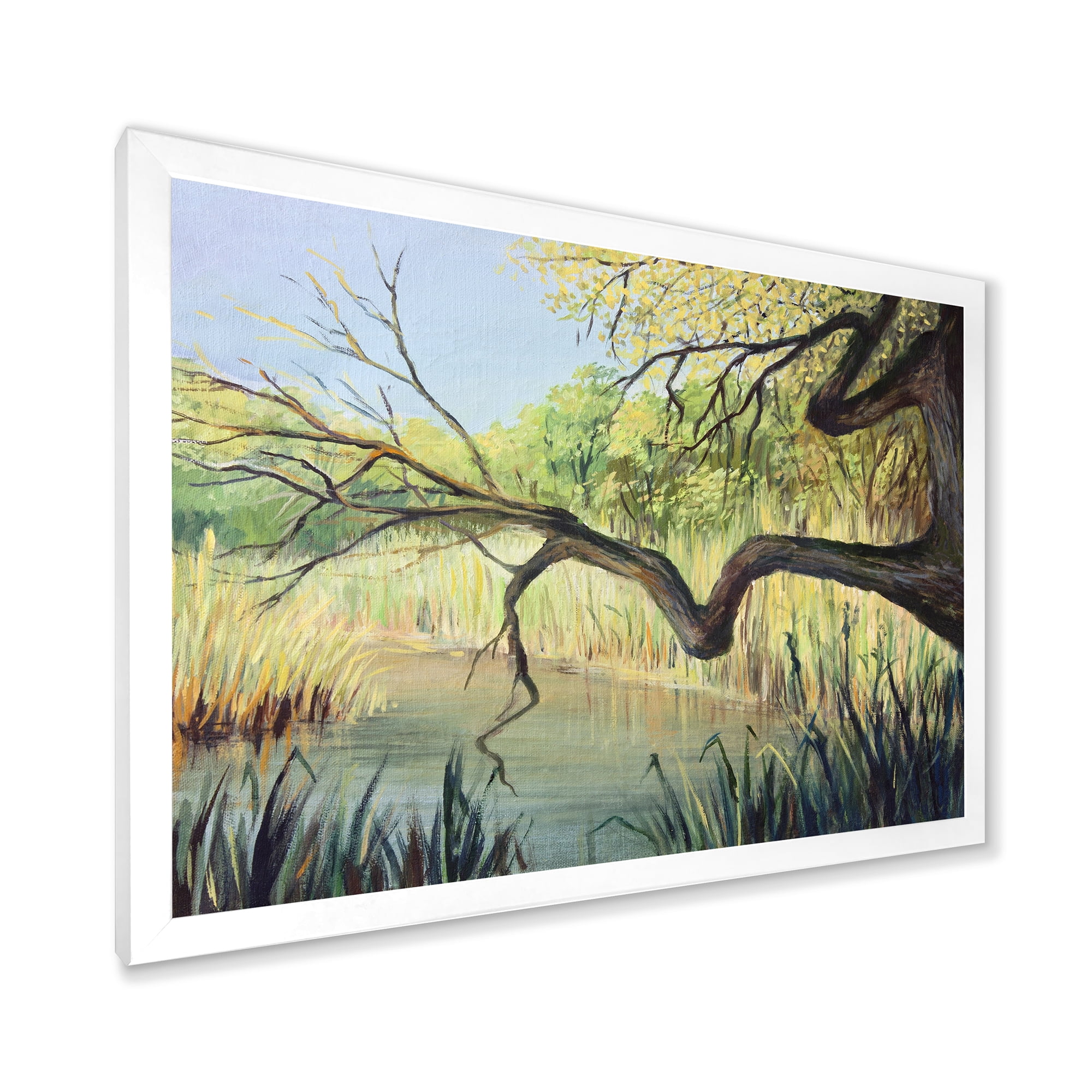 Designart 'The Lake of Silence From The Tree' Lake House Framed Art Print