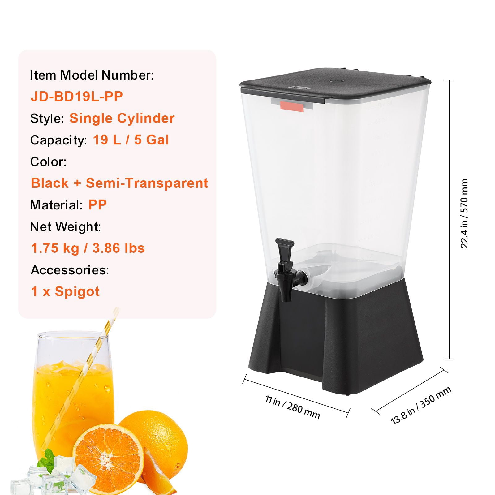 Beverage Dispenser 5 Gallon with Spring-Loaded Spigot for Juice Iced Tea Party
