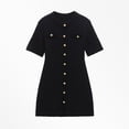thumbnail image 4 of Robe Courte Décontractée pour Femme en Tricot Côtelé, Manches Courtes, Col Rond, Mini Robe Chandail Ligne A avec Boutons Décoratifs, Noir, P, 4 of 9