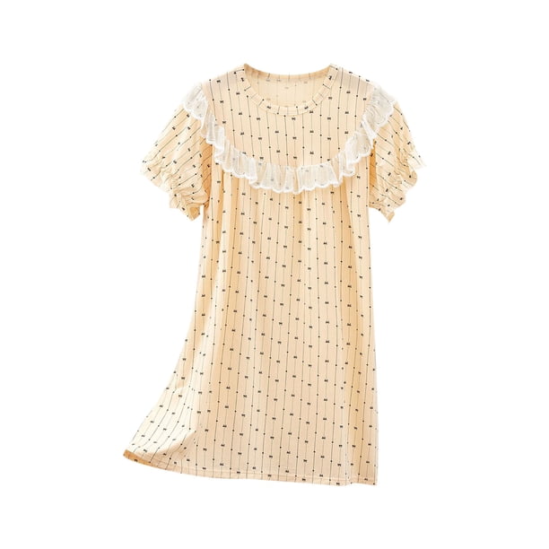 Odeerbi Camisón Verano Niñas Camisón Algodón Encaje Midi Camisón Manga Corta Cuello Redondo Floral Princesa Vestido Dormir