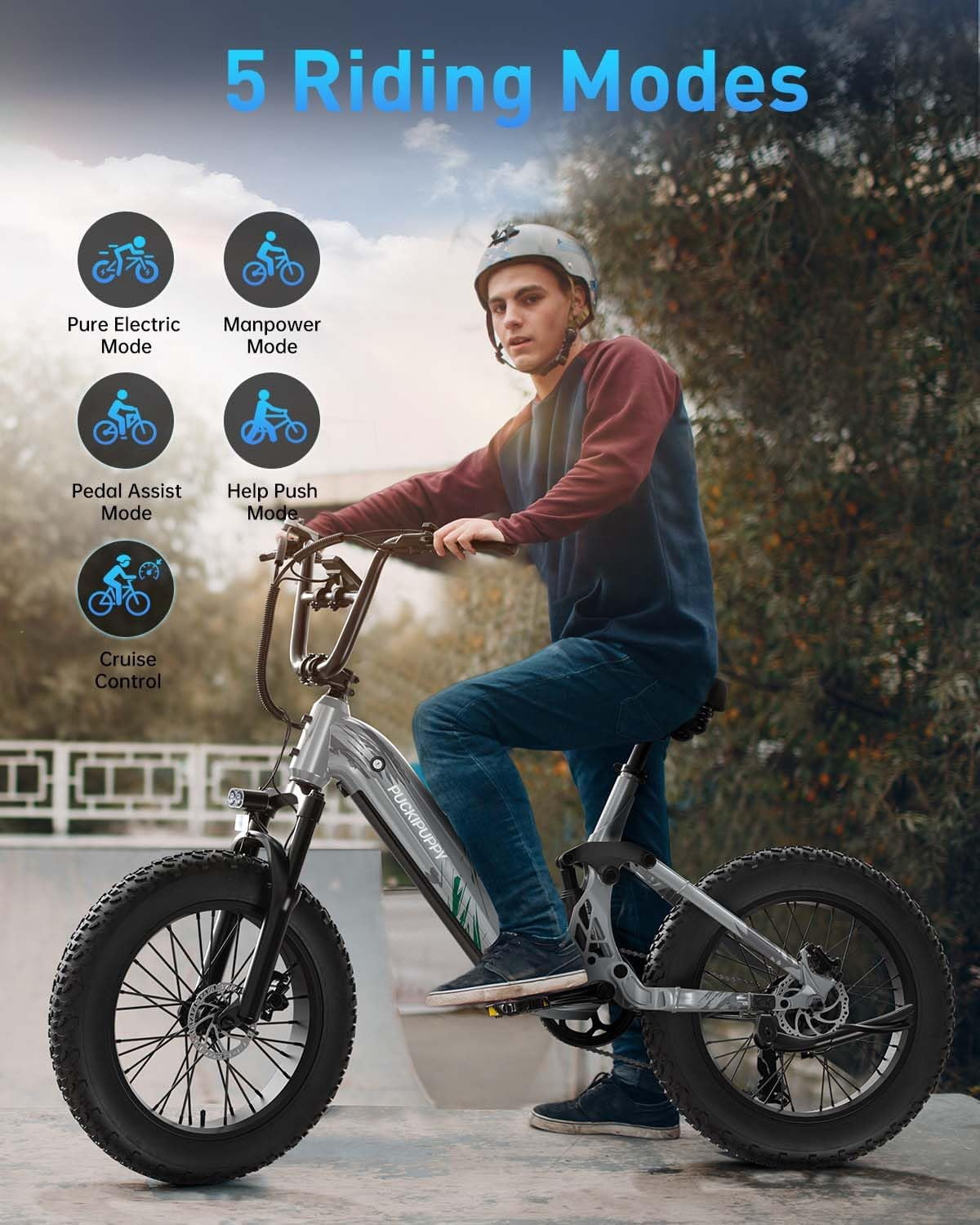 PUCKIPUPPY 20" Fat Tire Electric Bikes for Adults 960W Peak up to 80Miles Range 28 mph Top Speed Full Suspension E-Mountain Bike 48V 20AH Battery 7 Speed Ebike (Corgi), Comply with UL2849 By SGS