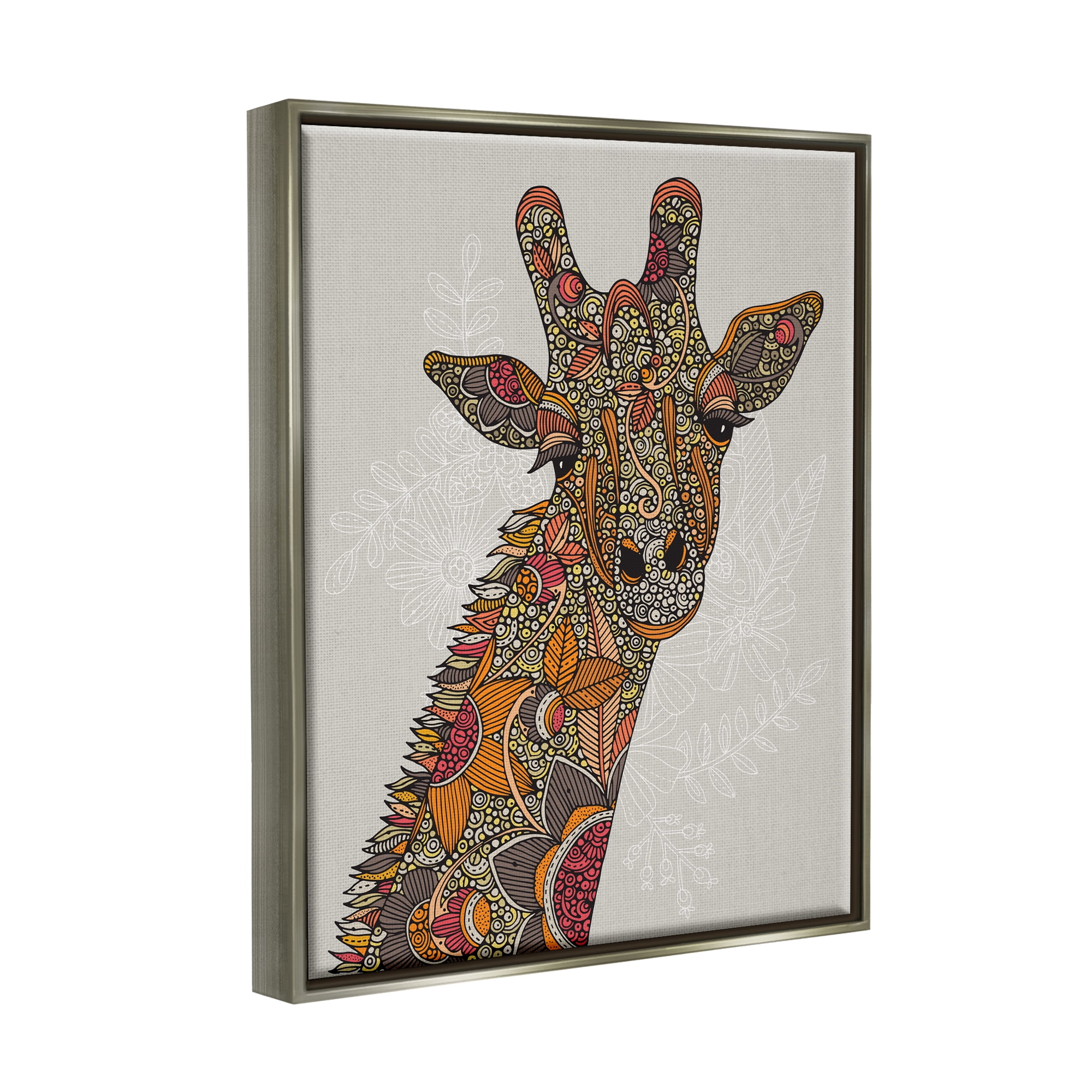 Stupell Industries Pleasant Giraffe Animal Intricate Floral Fractal Details Graphic Art Luster Gray Floating Framed Canvas Print Wall Art, Design by Valentina Harper