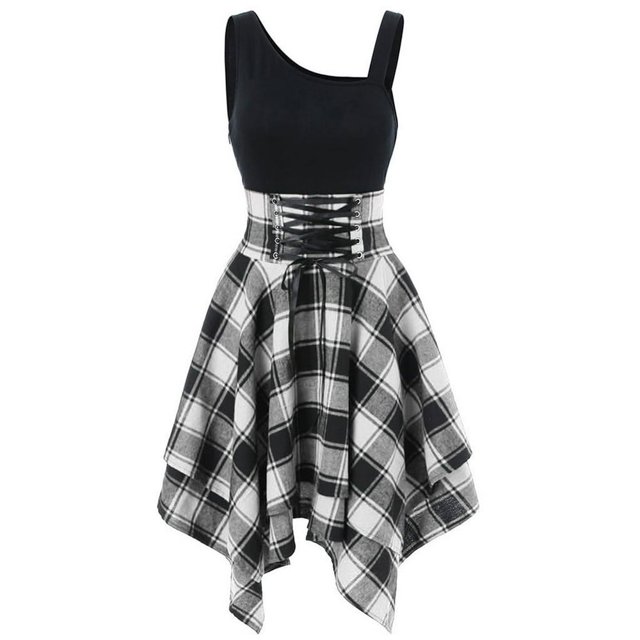 PENGXIANG Mode Femmes Sans Manches Épaule Froide Croix Dentelle jusqu'à Plaid Imprimé Robe Irrégulière