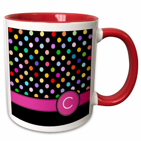 

3dRose Letter C monogrammed on rainbow polka dots pattern with hot pink personal initial - cute multicolor - Two Tone Red Mug 11-ounce