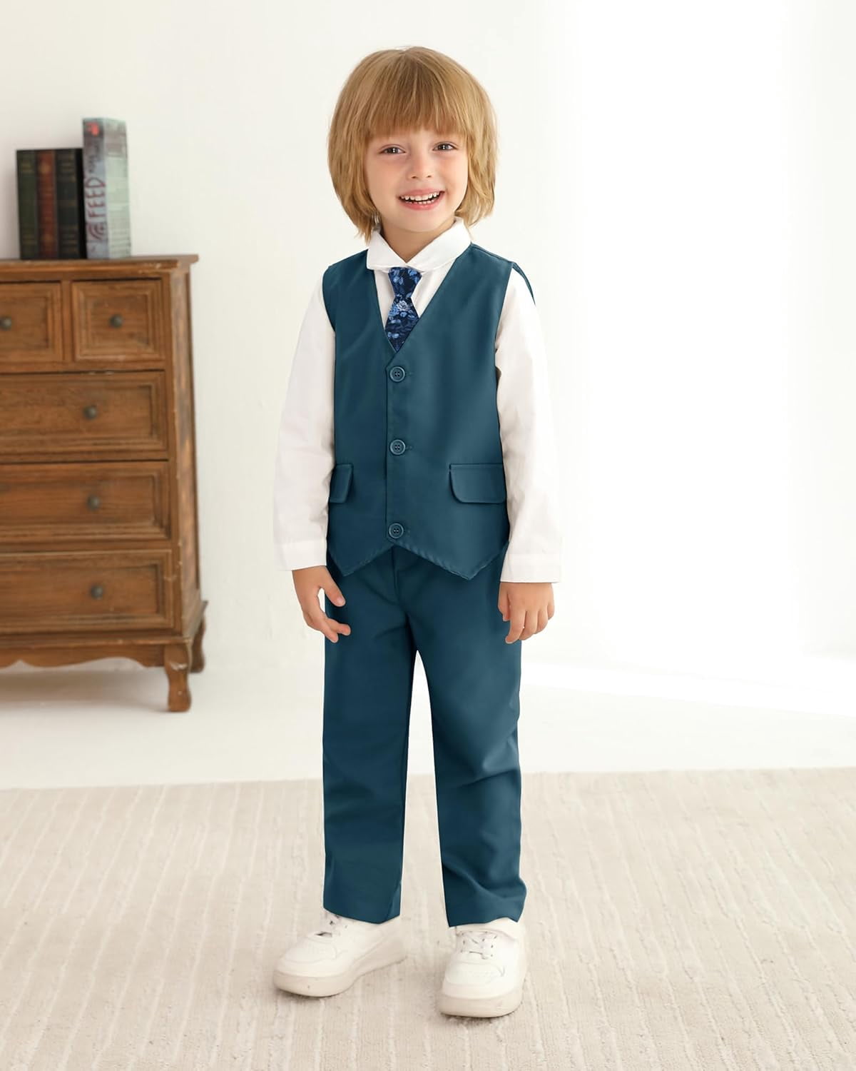 SANMIO Toddler Boy Suit Baby Boy Church Clothes Formal Dress Baptism Outfit Sets Shirt+Tie+Vest+Pants Kids Tuxedo 1-5T Boys Wedding Clothes