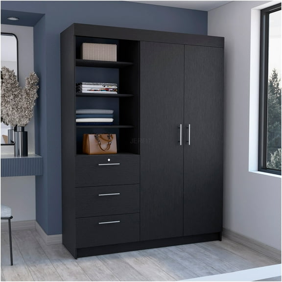 JERFIT 3-Drawer Armoire with Double Doors & Shelves, Freestanding Storage Cabinet Organizer for Bedroom, Closet, Entryway, Black
