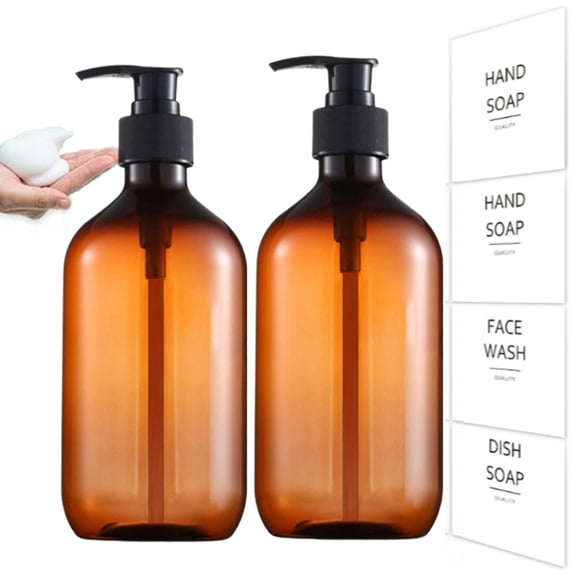 Djiypn Plastic Soap Dispenser, 2 Pack Bathroom Hand Soap Dispensers with Pump, 16.9 Fl Oz Kitchen Hand and Dish Soap Dispenser Set, Modern Vintage Liquid Soap Dispensers Bottle, Brown