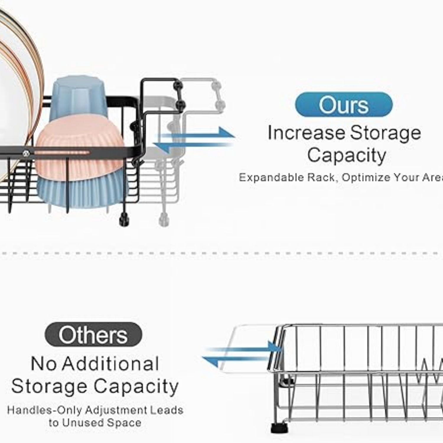 Sink Dish Drying Rack, Capacity Expandable Over Sink Dish Rack (12"-16.8"), in Sink Dish Drainer for Kitchen Counter with Utensil Holder and Handle, Black