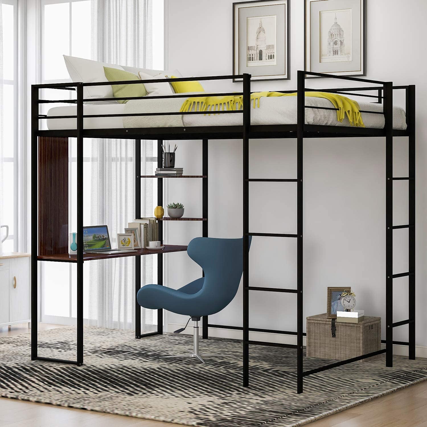 Vingtank Metal Full Loft Bed With Desk And 2 Shelves For Kids Teens High Safety Rails Ladder Bedroom Dorm No Box Spring Need Space Saving Design Com Vingtank Metal Full Loft Bed With Desk, Loft Beds Desk Space
