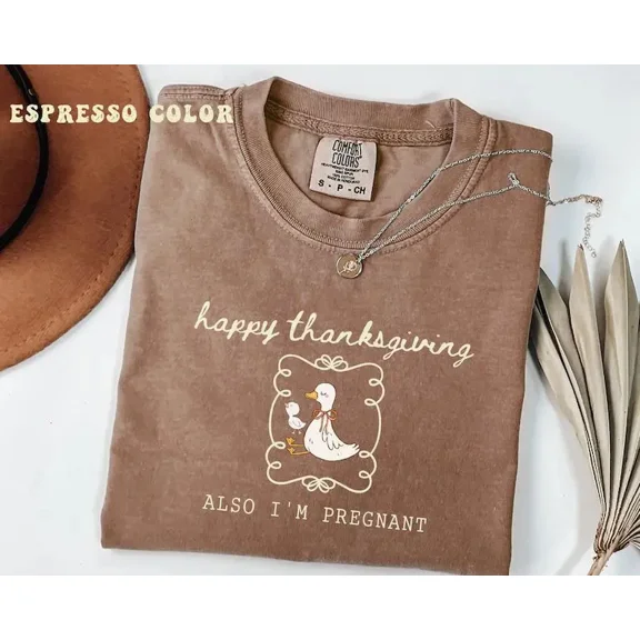 Funny Thanksgiving Pregnancy Reveal Shirt, Coquette Goose Maternity Tee, Cute “Pie For Two Please” Fall Baby Announcement Gift