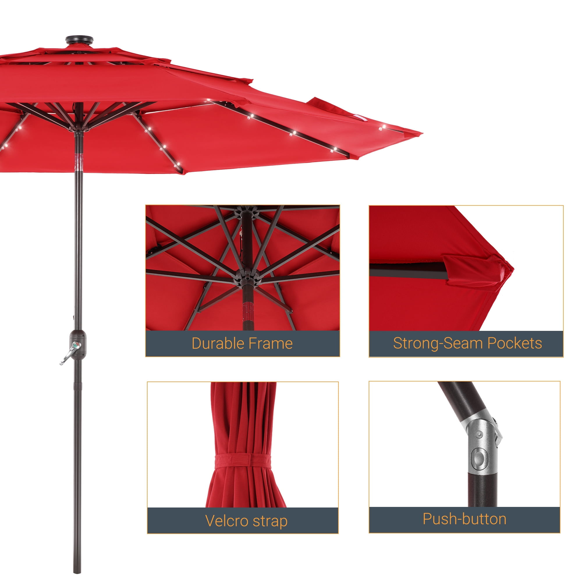 ACEGOSES 10ft LED 3 Tiers Patio Market Umbrella Outdoor with Ventilation for Garden, Deck and Pool,Red
