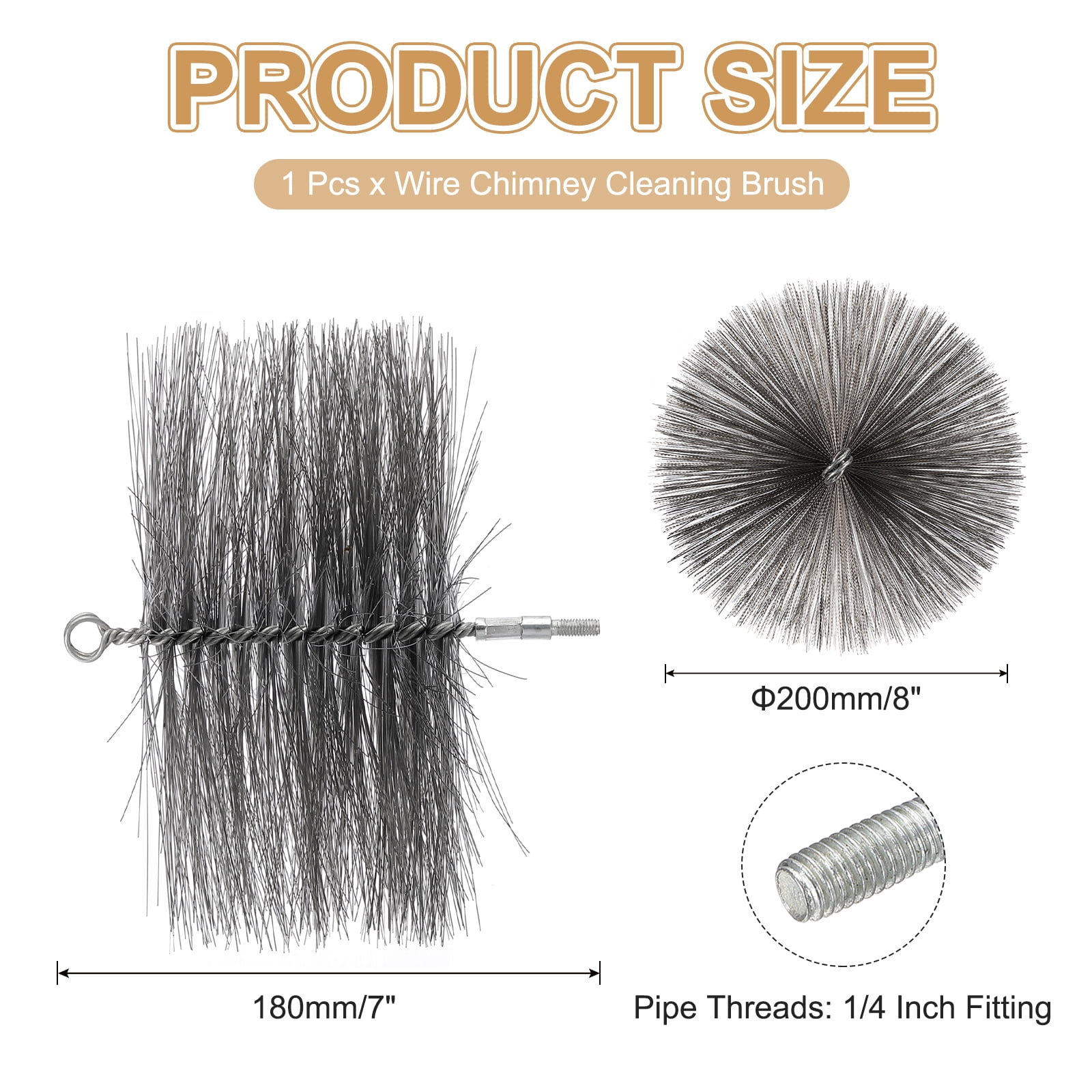 Uxcell 7" Wire Chimney Cleaning Brush, Polypropylene Round Chimney Sweep Brush with 1/4 NPT Fitting for Fireplace Burning Stove Tent Dryer Pipes, Silver