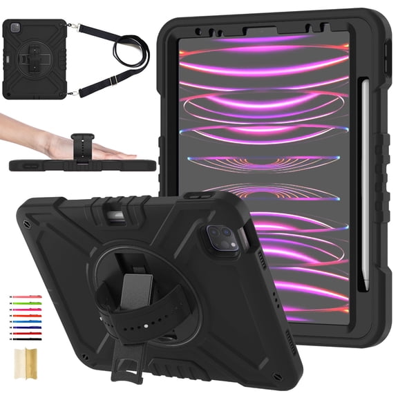 3-Layer Kids Case for iPad Pro 11 2022/2021/2020/2018/Air4/Air5, Durable Sturdy Protection Silicone PC Case with Swivel Stand, Hand Strap Shoulder Strap Pencil Holder Charging Port Lid - Black