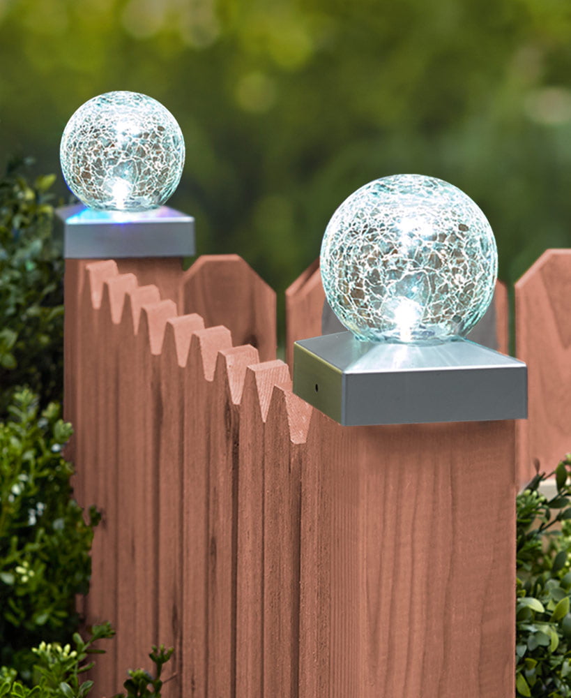 Garden Solar Lights Colour Changing LED Crackle Glass Ball Post Cap Patio Fence 