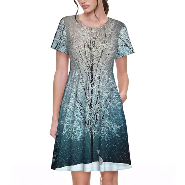 Bixox Robe d'Été à Manches Courtes pour Femmes Robe Ample Longueur Genou avec Poches-Lapin d'Hiver