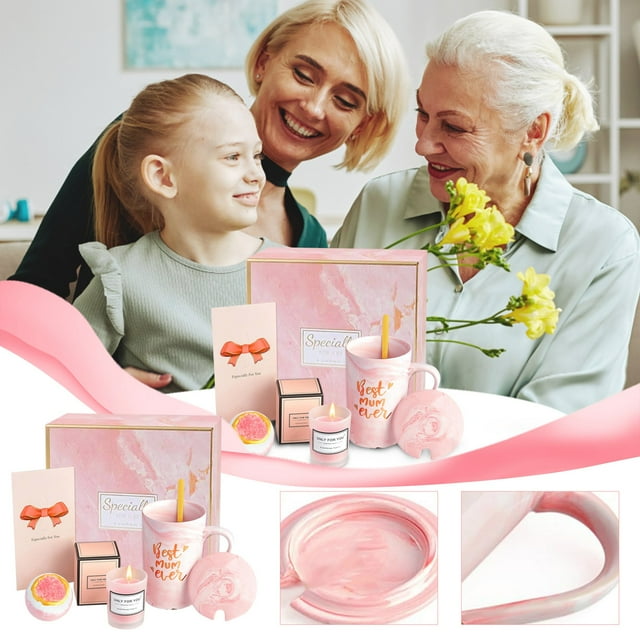Joymaking Juego de tazas de café con vela, bola de baño, regalos de cumpleaños de 14 oz para abuela, abuela, niñera, regalos para niñera, las mejores mamás obtienen