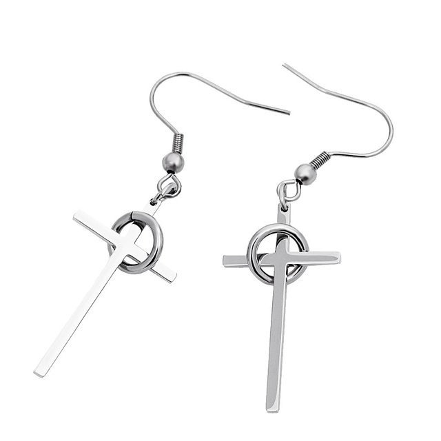 Par de acero Inoxidable Plata Cruz Crucifijo Cuelga Gancho Pendiente Studs Punk Fernando Pendientes colgantes Cruz con anillo Estilo liso Plata 1 par