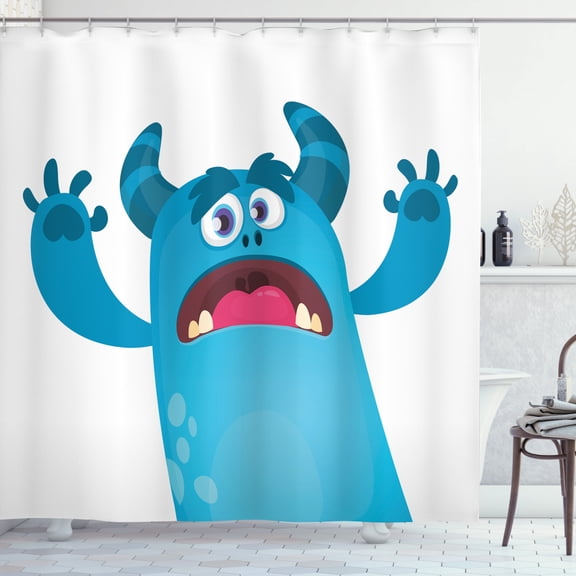 Alien Shower Curtain, Roaring Monstrous Character on Plain Background, Fabric Bathroom Set with Hooks, 69W X 75L Inches Long, Deep Sky Blue Sea Blue Hot Pink Dark Warm Taupe, by Ambesonne