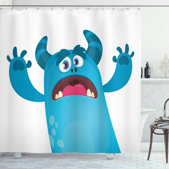 Alien Shower Curtain, Roaring Monstrous Character on Plain Background, Fabric Bathroom Set with Hooks, 69W X 84L Inches Extra Long, Deep Sky Blue Sea Blue Hot Pink Dark Warm Taupe, by Ambesonne