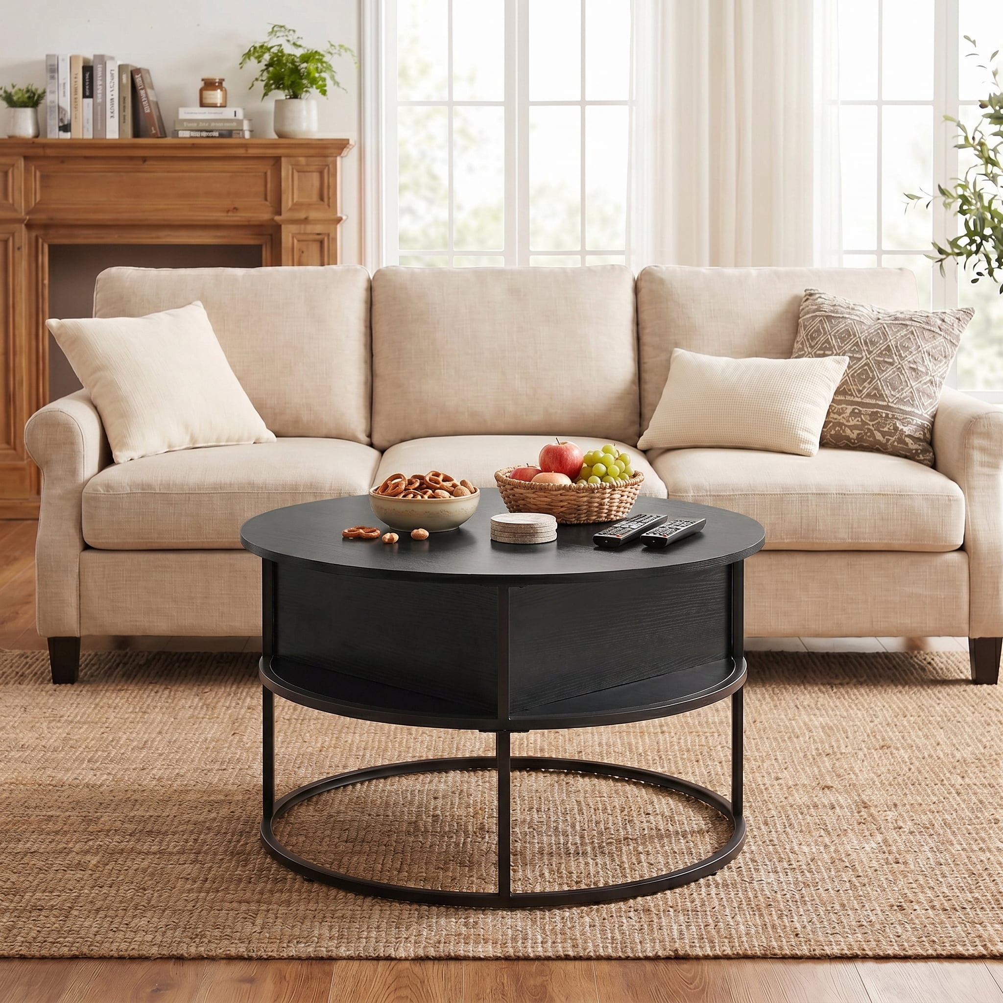Cenovo Round Lift-Top Coffee Table with Hidden Storage and Open Shelf Modern Farmhouse Center Table for Living Room,Black