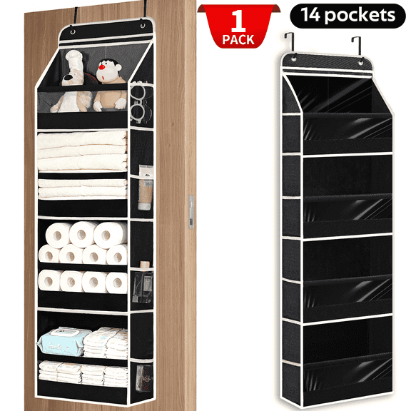 VOZOGO Over the Door Organizer 14 Pockets, Extra Large Behind Door Storage of 4 Tiers, Over the Door Storage, Door Hanging Organizer for Closet, Diaper Organizer, Toy Storage, Black
