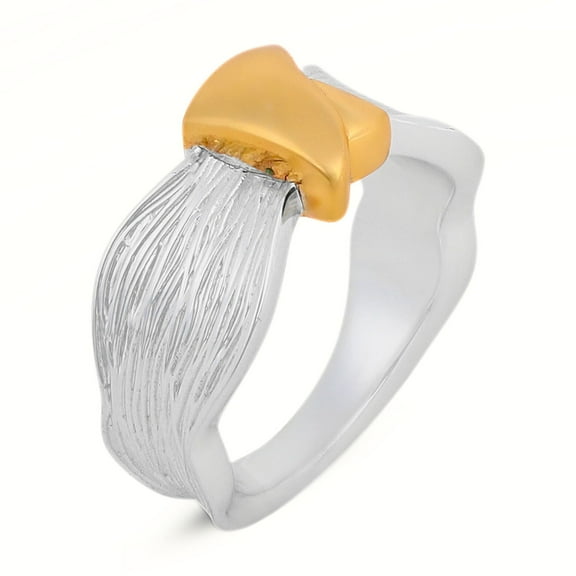 Two-Tone Brass Ring with Silver and Yellow Gold Plating, Textured Modern Statement Ring for Women