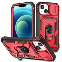 Military Grade Drop Impact for iPhone 15 Camera Lens Slide Protection Case 360 Metal Rotating Ring Kickstand Holder Armor Shockproof Case For iPhone 15, Black Red