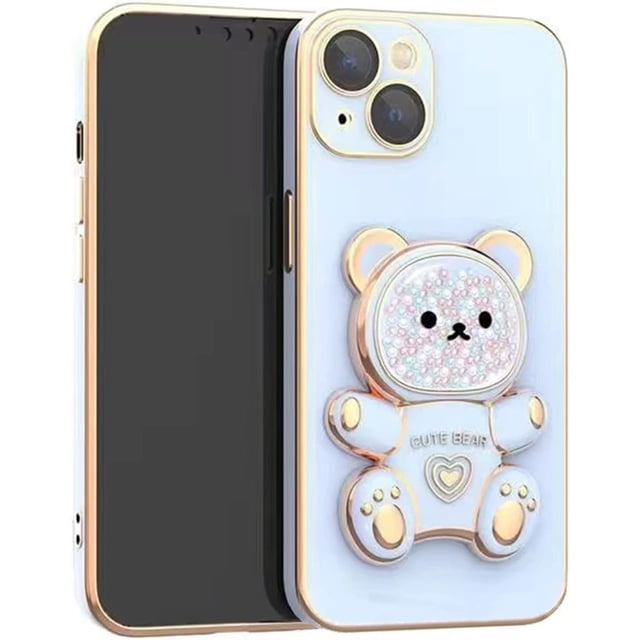 Funda para iPhone 11 con soporte oculto de oso, suave TPU, a prueba de golpes, con soporte de oso 3D y protección para cámara, para mujeres y niñas (azul)