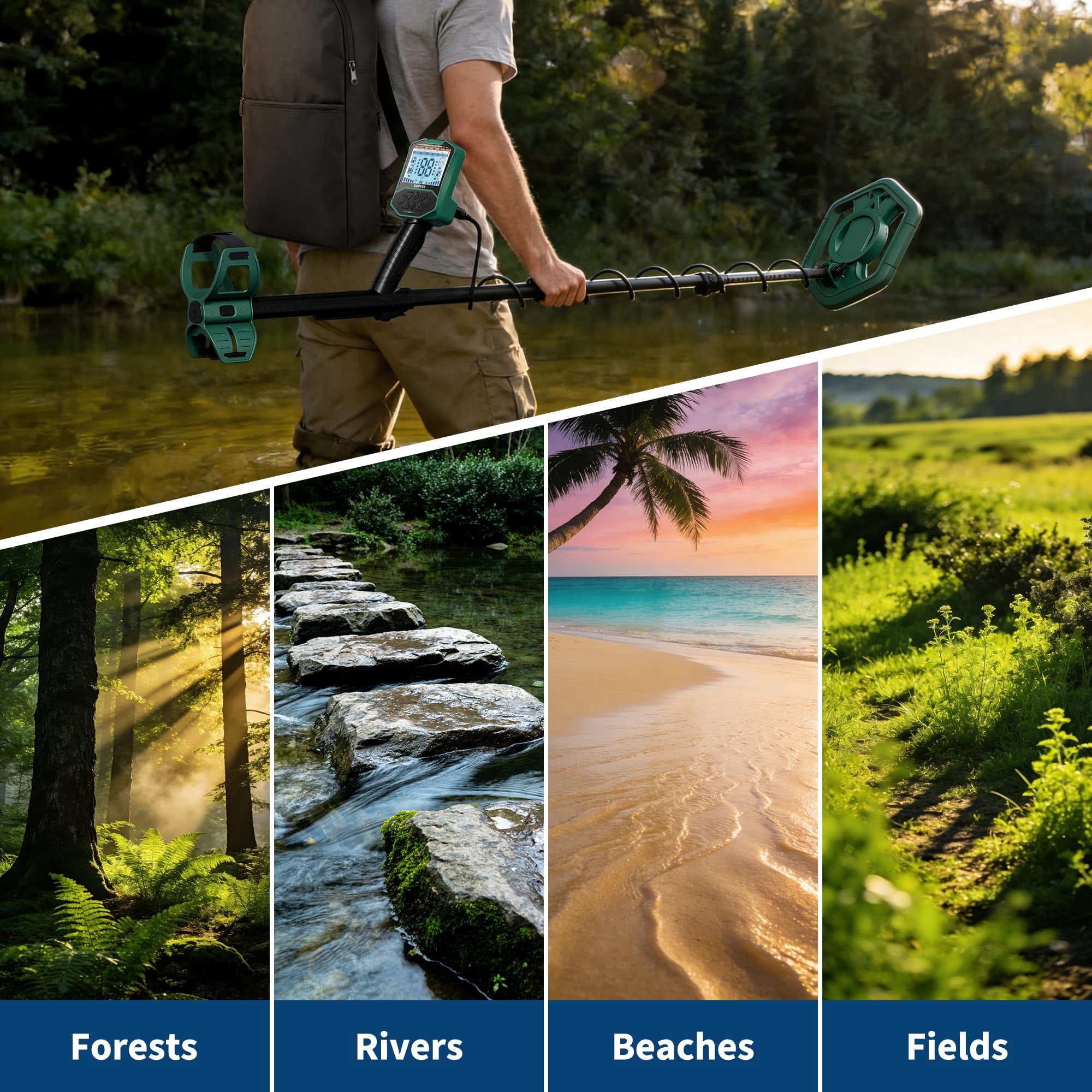 Towallmark Professional Metal Detector for Adults & Beginners, 4 Modes, 10" Waterproof Coil, LCD Display with Pinpoint, Lightweight for Gold, Coins, Jewelry Hunting, Green