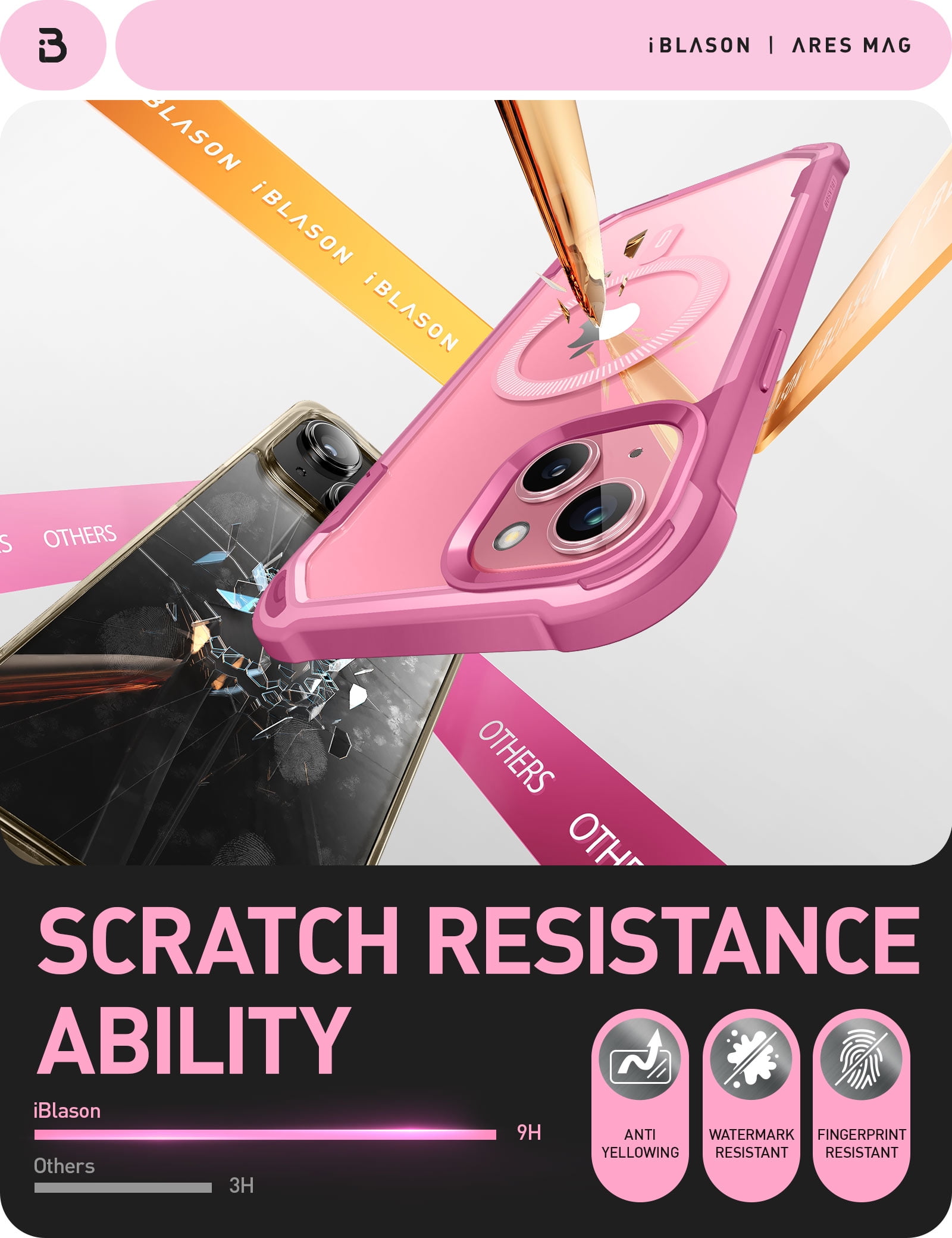 i-Blason AresMag for iPhone 15 Plus Case [6.7 inch], [MagSafe Compatible] Full-Body Dual Layer Anti-Slip Shockproof Rugged Clear Bumper Case with Built-in Screen Protector (Pink)