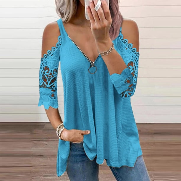 Puntoco Mujer Casual Encaje Media mangav-Cuello Cremallera Hollow Out Camiseta Blusa tops Puntoco Puntoco-1226