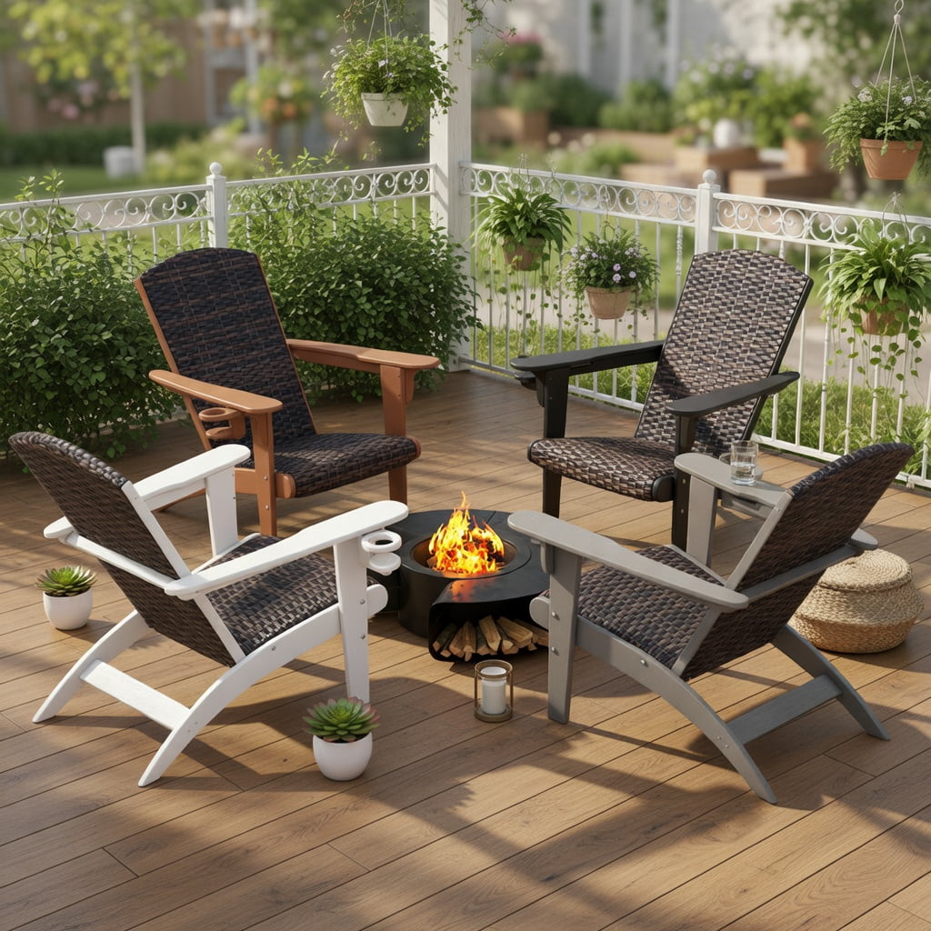 Demi Bonn Outdoor Adirondack Chair with Rattan Padded Seat and Hidden Cupholder, Fire Pit Lounge Chairs for Yard, Garden, Patio, White