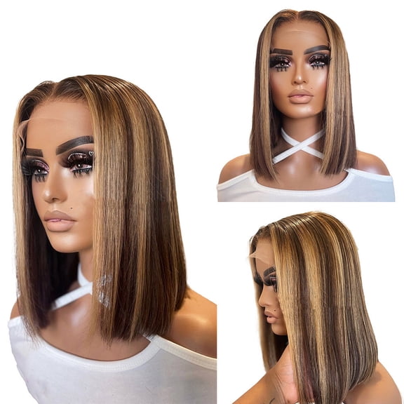 Highlight Bob Wigs Lace Front Human Hair Wig for Women Brown To Blonde P4/27 13x4 Lace Frontal Wig Pre Plucked With Baby Hair 150% Density 10 Inches