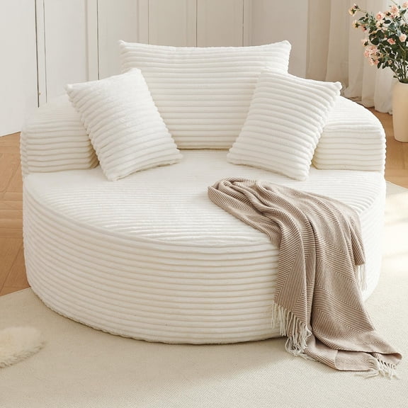 LUCKHAO 55" Oversized Corduroy Lounge Chair, Deep Seat Single Sofa with Pillow, Modern Upholstered Armchair, No Assembly Required, White