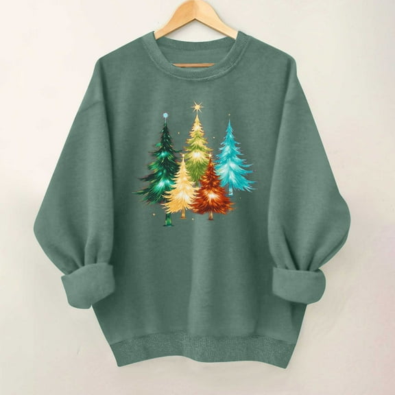 SYMOID Womens Green Christmas Sweatshirt, Loose Fit Crewneck, 100% Cotton Colorful Christmas Tree Print Holiday Casual Top,Size M