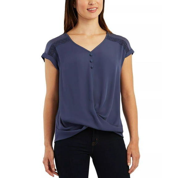Bcx Juniors’ Twist Front Lace Panel Short Sleeve Top, Denim, Small